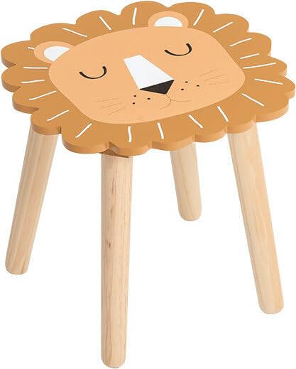 Envenzo Kids Wooden Animal Stool, MDF and Pine Wood, 28x27cm, 4 Assorted Designs, Panda, Bear, Cat and Lion (Lion)