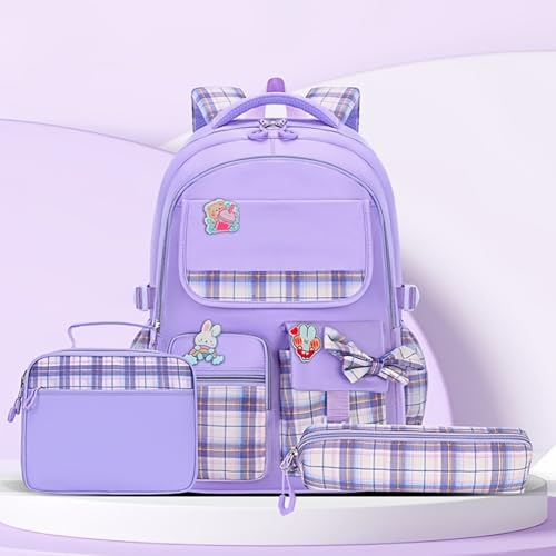 Kids Backpack for Girls Boys, 3Pcs Student Backpack with Lunch Box & Pencil Pouch - School Backpack Daisy Bag (Bowtie-PURPLE)2