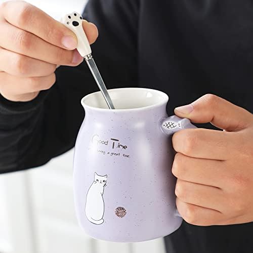 Cat Mug Cute Ceramic Coffee Cup with Lovely Kitty lid Stainless Steel Spoon,Novelty Morning Cup Tea Milk Christmas Mug Gift 380ML (Purple)