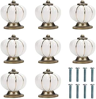 Kurtzy White and Gold Pumpkin Ceramic Knobs with Screws (8 Pack) - 3.6 x 3.9cm/1.42 x 1.54 Inches - Round Vintage Pull Handles for Home & Office Furniture - Kitchen Cabinet, Drawers & Cupboard Doors