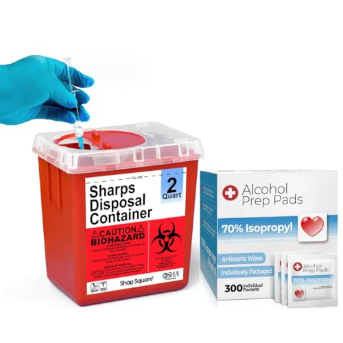 Image of Sharps Container, Sharps Containers for Home Use, Needle Disposal Containers - 2 Quart with 300 Alcohol Prep Pads, Alcohol Wipes Individually Wrapped