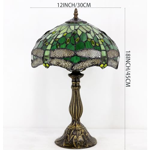 Image of WERFACTORY Tiffany Lamp Green Stained Glass Bedside Table Lamp 18 Inch Tall