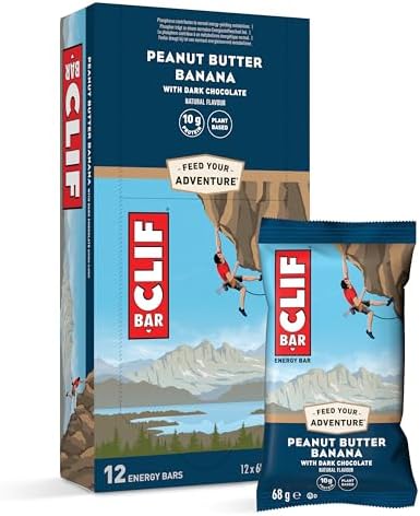 CLIF BAR Peanut Butter Banana Dark Chocolate Energieriegel, 12 x 68 g | mit 10 g Pflanzlichem Protein, für Laufen, Marathontraining, Radsport und Ausdauersport