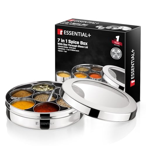 Image of BERGNER Essential Plus 7 in 1 Stainless Steel 21.5cm Masala Dabba with 7 Container 1 Spoon and See Through Glass Lid, Spice Box /Masala Dani /Container for Kitchen, 100% Food Safe, Easy to Clean