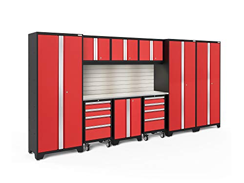 Image of ‎‎‎NewAge Products Garage Cabinet Bold Series Red 10 PC Set Include, Worktops, 72in. Backsplash, LED Lights, 3 x Wall, Two-Door Base, 2 x Rolling Tool Cabinets, 3 Multi-Use Lockers, 56388
