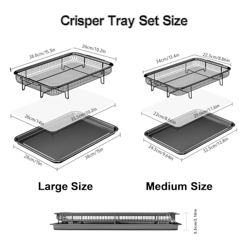 Image of Air Fryer Basket for Oven,2 Set Air Fryer Basket and Tray Set with 60 Sheets Parchment Papers,THORSES Food-Grade Stainless Steel Air Fryer Pan and Crisper Tray-Black Large15 inchx11 inch&Medium13.4 inchx9.6 inch