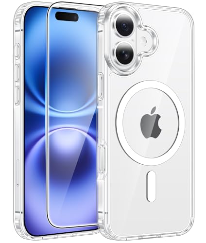 Image of FNTCASE for iPhone 16 Plus Case: [Compatible with Magsafe] [Screen Protector] Anti Yellowing Transparent Clear Magnetic Phone Cover - Military Grade Shockproof Drop Proof Protective Cases - Clear