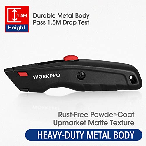 Workpro Premium Utility Knife, 1Pc Retractable All Metal Heavy Duty Box Cutter, Quick Change Blade Razor Knife, With 10 Extra Blades, Black #TOP2