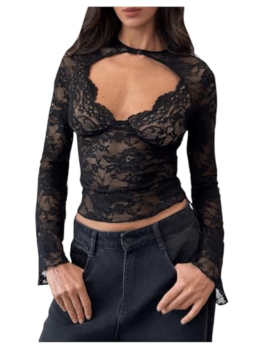 MakeMeChic Women's Lace Sheer Top Y2k Bell Sleeve Cut Out T Shirt Fitted Crop Tops