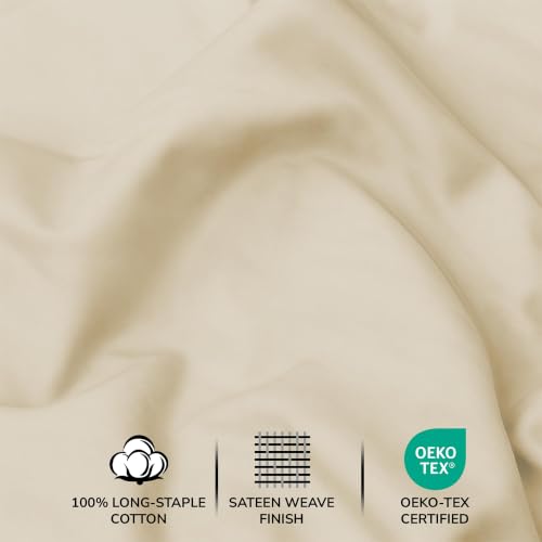 Image of Feather & Stitch 500 TC California King Size 4pc Damask Bed Sheet Set, 100% Soft Cotton Breathable Bedsheets, 18 inch Deep Pockets Sateen Weave Solid Bedding Mattress - (Solid Beige)