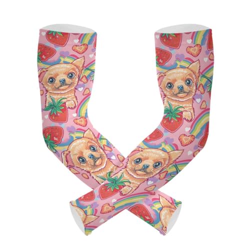 ALAZA Strawberry Puppy Dog Heart Gardening Sleeves Cooling Arm Sleeves Sun Protection Thumb Hole Arm Covers for Women Men