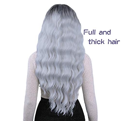 Gowit 30 Inch Long Wavy Wigs For Women Middle Part Curly Wave Hair Wig Dark Roots Grey Body Wave Wigs Natural Looking Heat Resistant Synthetic Full Wigs For Daily Party Cosplay Costumes(30",1B/Grey) #TOP3