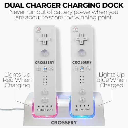 Image of Crossery Wii Remote and Nunchuck Controller Bundle with Charging Dock - 2 Pack Motion Plus Remotes, 2 Nunchucks, 1 Charging Station, Compatible with Nintendo Wii & Wii U - White