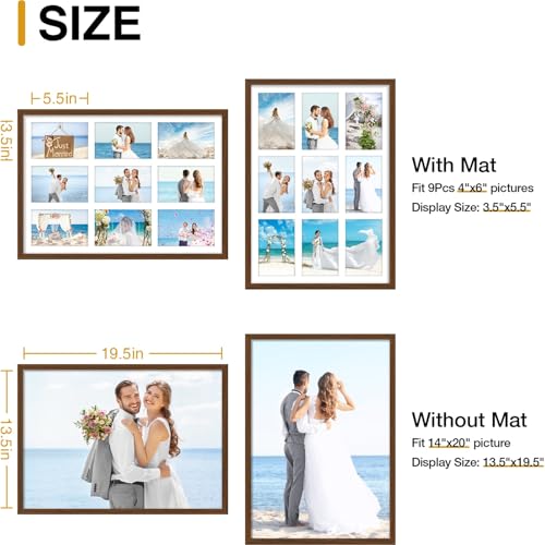 decorUhome 14x20 Picture Frames Collage Wall Decor, Display 9Pcs 4x6 Photos with Mat or 1Pcs 14x20 Unmatted, 9 4x6 Collage Picture Frames for Wall Mounting, Brown