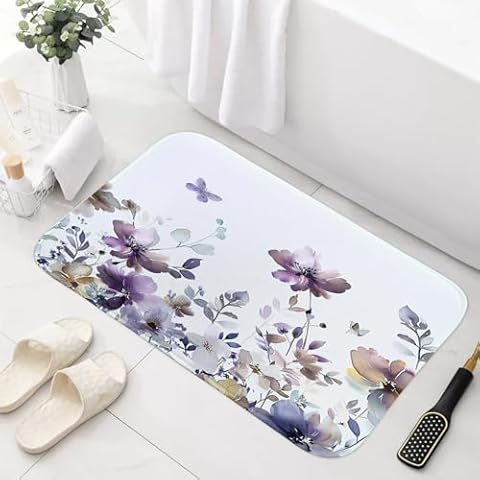 Sanzugh Purple Floral Bath Mat Rug for Bathroom, Cute Boho Watercolor Flower Wildflower Leaves Butterfly Bathroom Floor Rugs Mats Non Slip Kitchen Indoor Decor Decoration Accessories 17X29 Inches Cover