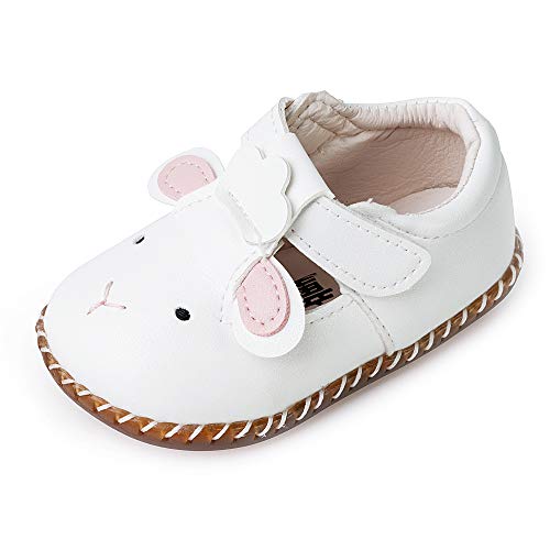 SOFMUO Baby Mary Jane Moccasins - PU Leather Soft Non-Slip Rubber Sole Infant Girl Boy Flats Newborn Crib Shoes Toddler First Walking Shoes 0-2 Years Old(White,12-15 Months)