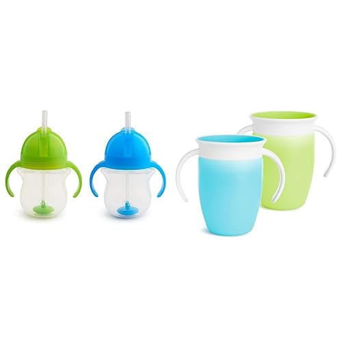 Munchkin Any Angle - Vaso entrenador con paja con peso con tapa Click Lock, 7 onzas, 2 unidades (paquete de 1), azulverde & Miracle 360 Trainer