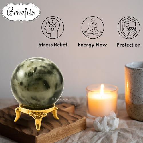 Image of Certified Green Tourmaline in Quartz Crystal Ball for Meditation - Premium Crystal Vastu Items for Home and Feng Shui Items for Good Luck - Ideal for Pooja Supplies and Spiritual Practices (2 inch Inch)