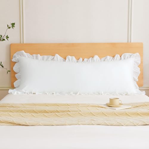 Off White Ruffled Body Pillow Cover 1 Piece Washed Cotton Farmhouse Shabby Long Body Pillow Sham 20"x54"