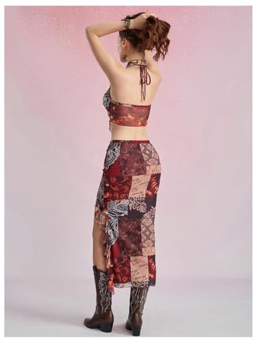 Verdusa Women's 2 Piece Boho Western Outfit Backless Halter Top Split Thigh Skirt4