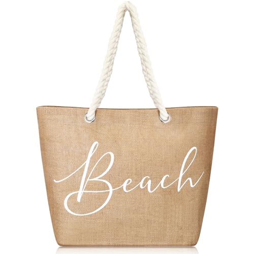 Huhumy Jute Beach Tote Bag Large Beach Shoulder Bag with Cotton Handles Waterproof Handbag for Women Travel Holiday Sea Summer Trip Picnic Shopping Grocery