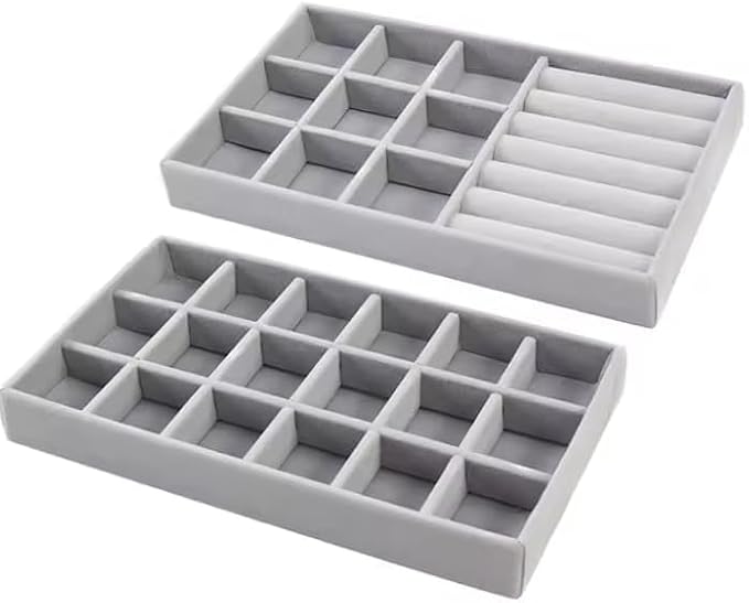2 Piece Velvet Jewelry Tablet, Jewelry Storage Box for Drawer, Stackable Jewelry Organizer Storage System Jewelry Tablet Jewelry Storage Box for Earrings Rings