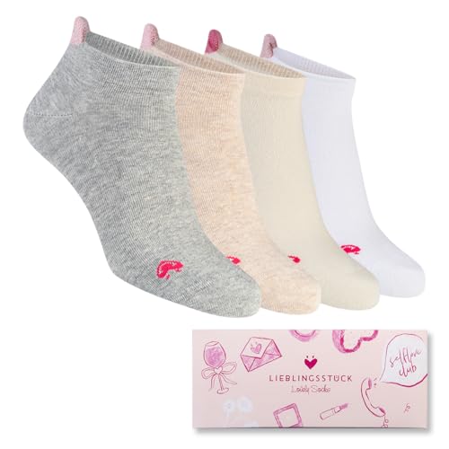 Lieblingsstück Lovely Socks Sneaker Socken Damen 4er Set Baumwolle Geschenkbox Anti-Blasen Schutz rutschfest Herz-Motiv kurze Strümpfe Weiß Creme Beige Grau (39-42)