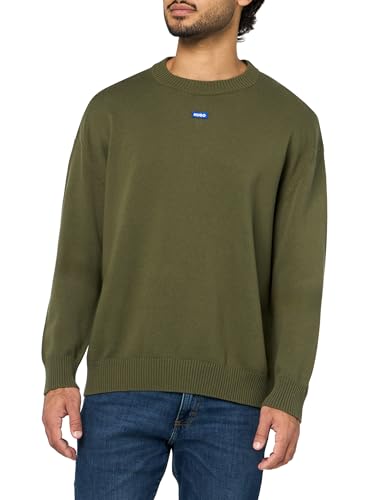 HUGO, Crewneck Cotton Knit Sweater, Khaki Green, L