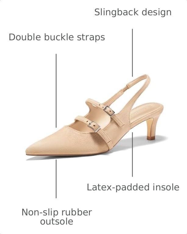 Image of Coutgo Womens Slingback Kitten Heels Mary Jane Pumps Closed Pointed Toe Buckle Strap Wedding Dress Shoes