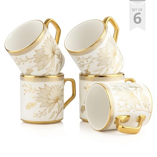 Image of Clay Craft Fine Ceramic Golden Floral Printed Coffee /Tea Cups /Mugs - Set of 6-200 ml Each, Tea Cup Set of 6, Mugs for Coffee, Cups Set of 6, Mug Set, Ideal for Gifting, Perfect for Home and Office