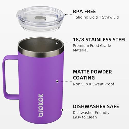 Image of BJPKPK 25oz Insulated Coffee Mug with Handle, Stainless Steel Travel Mug | Keeps Drinks Hot & Cold, Double Wall Vacuum, 2 Lids Included, BPA-Free Coffee Tumbler for Home, Office & Travel