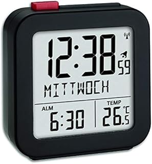 TFA Dostmann 60.2558.01 Wireless Clock for Room Climate Control Alarm with Snooze Day of The Week (10 Languages) Black, L80 x B40 x H120 mm