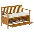 Outsunny Outdoor Bench with Storage Box, 28 Gallon Outdoor Storage Bench, Acacia Wood Garden Seat with Cushion, 2 Seater Patio Furniture for Park, Balcony, Teak