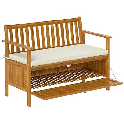 Outsunny Outdoor Bench with Storage Box, 28 Gallon Outdoor Storage Bench, Acacia Wood Garden Seat with Cushion, 2 Seater Patio Furniture for Park, Balcony, Teak