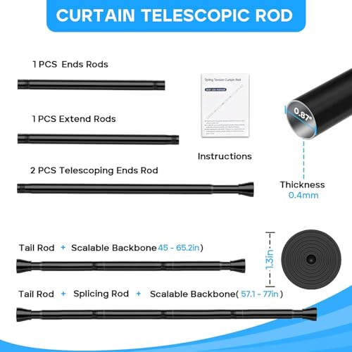 Image of AIZESI Spring Tension Rods Adjustable Tension Curtain Rod Small Tension Rod No Drilling Expandable Spring Loaded Curtain Tension Rod?Black,45 inch to 77 inch-2Pcs)