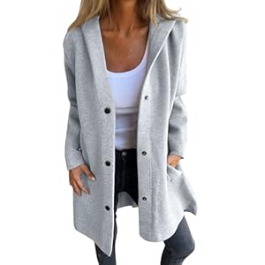 Mantel Damen Frühling L-ang Wollmantel Cardigan M-ode Langarm Einfarbig Strickjacken mit Kapuze Trenchcoat Warme Kapuzenjacke Outwear Autumn Winter Jacke Casual Button Jacken mit T-aschen (Grey, XXXL)