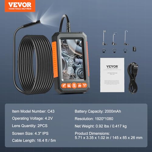 Image of VEVOR Endoscope Camera with Light, Dual Lens Industrial Borescope, 4.3 inch Screen 1080P Inspection Camera, 8 + 1 Lights, 4X Zoom, IP67 Waterproof Snake Camera for Auto, Plumbing (16.4FT Cable, 32GB Card)