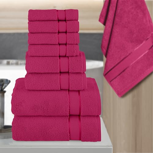 Image of Elegant Comfort Premium Cotton 8-Piece Towel Set, Includes 4 Washcloths, 2 Hand Towels and 2 Bath Towels, 100% Turkish Cotton - Highly Absorbent and Super Soft Towels for Bathroom, Hot Pink