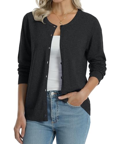 Image of QUALFORT Women's 100% Cotton Lightweight Cardigans Long Sleeve Knitted Button Down Sweater
