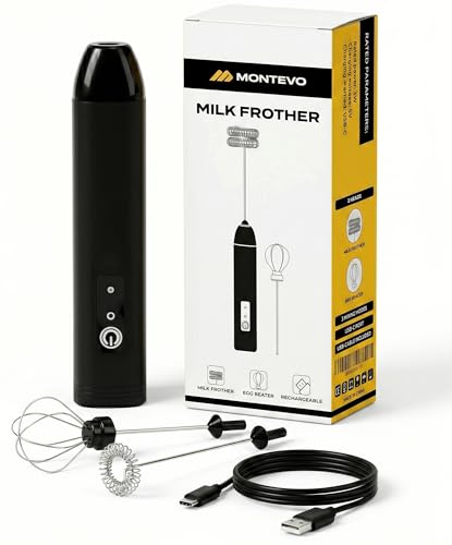 MONTEVO Rechargeable Milk Frother Handheld USB-C Electric Coffee Frother with 2 Whisk Heads 3-Speed Milk Foam Maker for Latte Cappuccino Matcha Eggs and Drinks (Black)