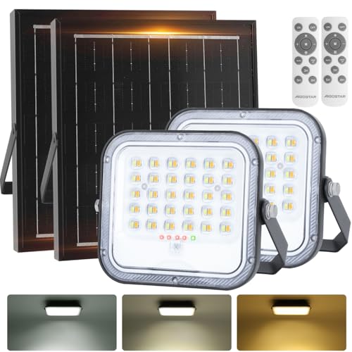 Aigostar - Foco proyector LED solar con mando a distancia,2 piezas,4000mAH,gran panel solar y batería de gran capacidad,regulable 3000/4000/6500K,IP66,cable 2m,Luz solar para exterior y jardín,patios