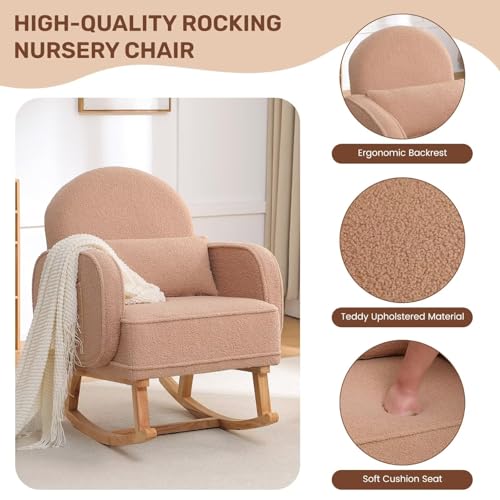 Image of HCHAIRH Rocking Chair Nursery with Ottoman, Upholstered Glider Rocker with High Backrest and Side Pocket, Rocking Accent Armchair with Solid Wood Legs for Nursery, Living Room, Bedroom Coffee
