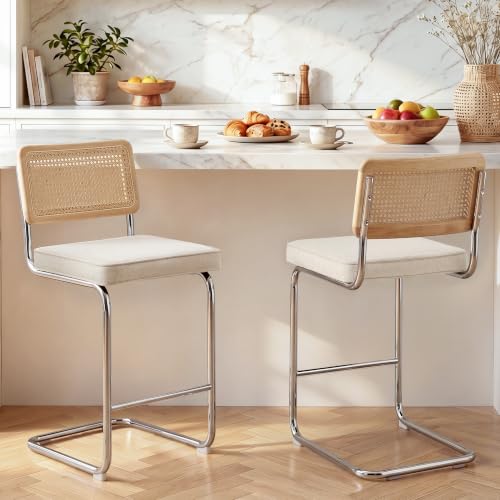 Image of Zesthouse Natural Rattan Counter Stools Set of 2, 26 inch Modern Counter Height Barstools, Thick Linen Bar Stools with Solid Wood Back, Mid Century Cantilever Bar Chairs for Kitchen Island Beige Yellowish