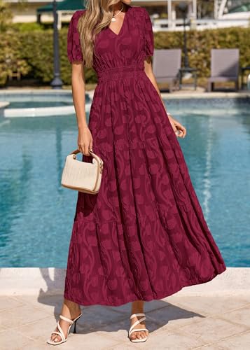 Image of KIRUNDO Summer Dresses for Women 2026 Boho Flowy Casual Short Sleeve V Neck Elastic Waist Floral Long Baby Shower Maxi Dress
