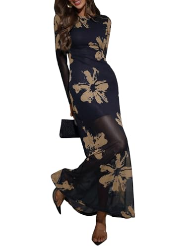 Verdusa Women's Floral Mesh Maxi Dresses Long Sleeve Elegant Formal...