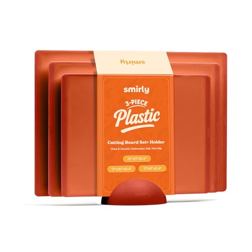 SMIRLY Plastic Cutting Board Set with Holder 3 Pieces, Non-Slip Dishwasher Safe Chopping Boards for Kitchen, Orange