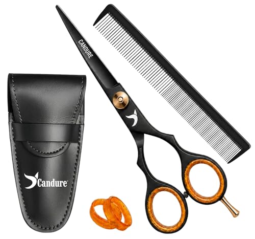 Candure Tijeras Peluqueria con peine y estuche de cuero 6.5" – Tijeras Pelo para peluqueros profesionales, barberos y uso personal para adultos y niños (Negro)