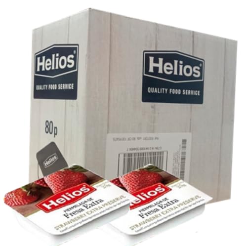 Mermeladas Helios Monodosis 25g x 80 uds 50% Fruta – Sin Conservantes, Sin Gluten y Sin Lactosa | Apta para Celíacos | Ideal Hostelería Bares y Restaurantes (Fresa)