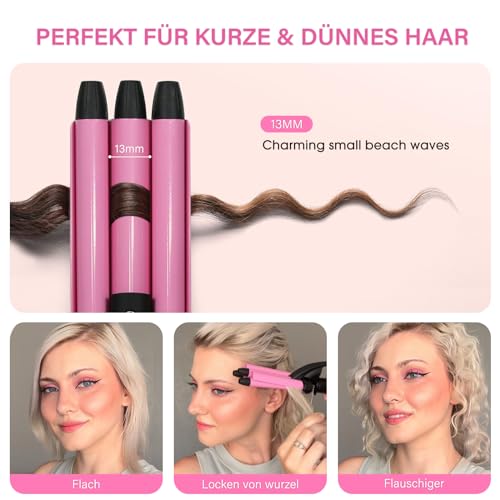 Mini Welleneisen für kurze haare - janelove 13mm Beach waves Lockenstab für kurze haare, 200°C Keramik Lockenstab 3 Fässer Welleneisen für Reisen - Rosa