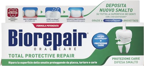 Biorepair, Total Protective Repair Zahnpasta, repariert Nagellack, schützt vor Plaque, Zahnstein und Karie, repariert Nagellack, hält den Atem frisch, Zahnpasta ohne Fluor, 75 ml